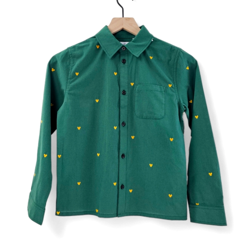 Disney Kids Green and Yellow Mickey Mouse Icon Button Front Shirt Size 11/12 NWT